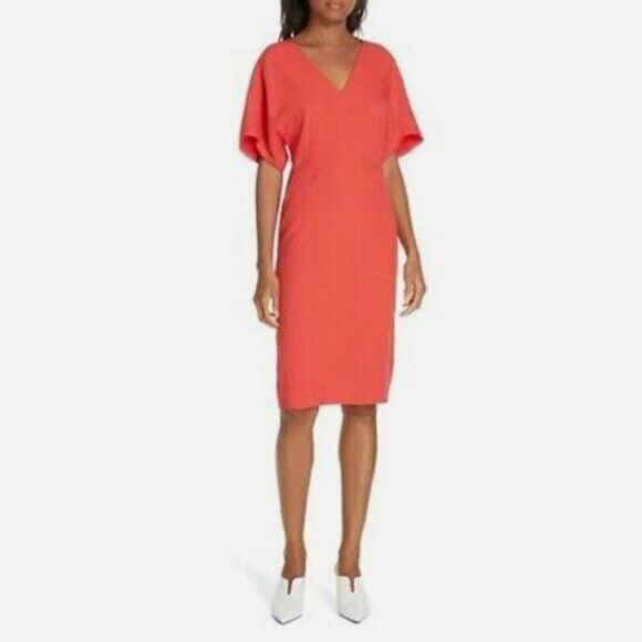 NEW Lewit V-Neck Crepe Midi Dress Short Dolman Sleeve V-Back Solid Light - Picture 1 of 9